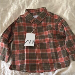 Zara Red and Brown Button Down Shirt Classic Plaid